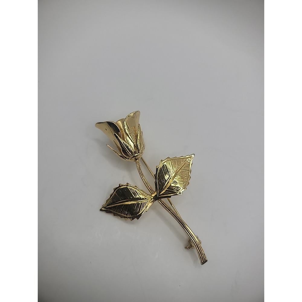 Vintage Brooch Pin Rose‎ Flower Gold Tone Leaves Jewelry Costume